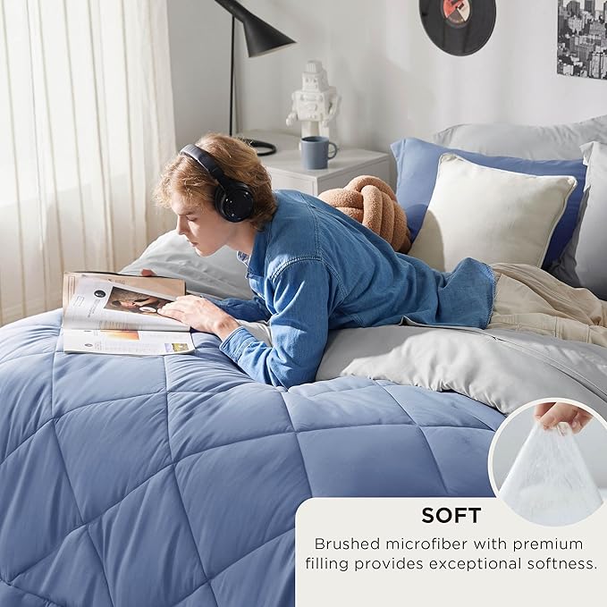 Bedsure Queen Comforter Set - 7 Pieces Reversible Infinity Blue Bedding, Queen Size Bed Set for All Seasons, Bed in a Bag with Down Alternative Comforter, Sheets, Pillowcases & Shams