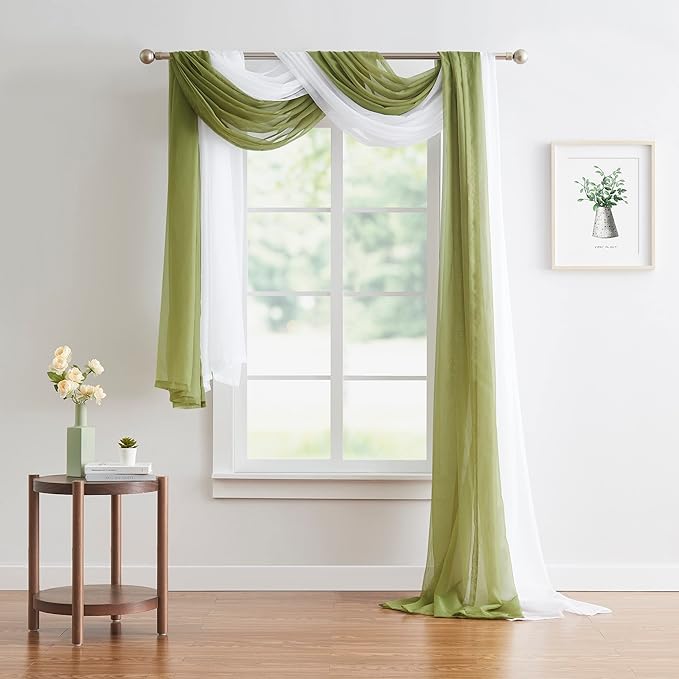 Warm Home Designs 30 Feet Long Sheer Sage Green Window Scarf. These XXL Length Valance Window Scarves 54 X 360 Inches in Size. Great as Bed Canopy or Wedding Arch Draping Fabric. AM Sage 360"