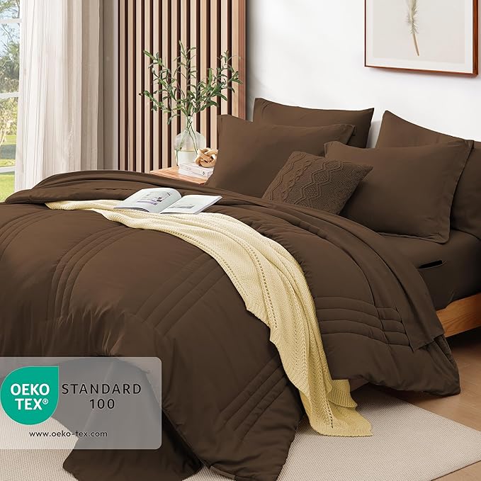Monbix King Size Comforter Set - 7 Pieces Bed in a Bag King, Chocolate Brown Bedding Sets with Comforter, All Seasons Down Alternative Comforter Bed Set with Sheets, Pillowcases & Shams