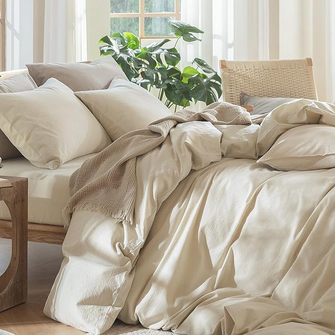 MooMee Bedding Duvet Cover Set 100% Washed Cotton Linen Like Textured Breathable Durable Soft Comfy (Heathered Almond Milk Grey, Oversized King Plus 128"x120")