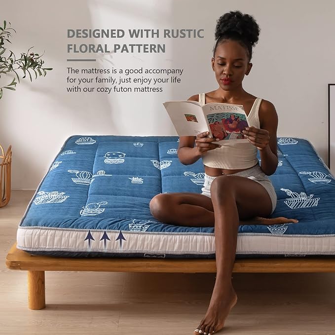 MAXYOYO Grey Cactus Pattern Full Size Futon Mattress, Quilted Bed Mattress Topper, Extra Thick Folding Sleeping Pad, Breathable Floor Lounger, Guest Bed for Camping, Couch