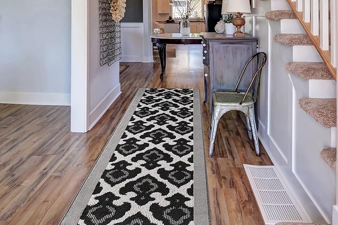 Custom Length Cut to Size Fleur de Lis Inspired Carpet Runner Rug for Hallways, Non Slip Rubber Backed, 31 inch Wide X Customized Length, Royal Grey, 31 inch X 22 feet