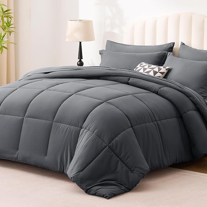 Love's cabin Full Comforter Set Soot Grey, 7 Pieces Full Bed in a Bag, All Season Bedding Sets with 1 Comforter, 1 Flat Sheet, 1 Fitted Sheet, 2 Pillowcase and 2 Pillow Sham