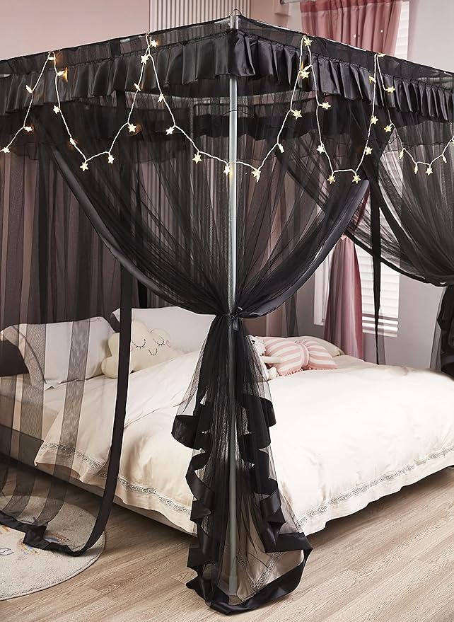 Mengersi Black Bed Canopy, 4 Corner Post Bed Canopy Curtains, Quick and Easy Installation for King Size Beds
