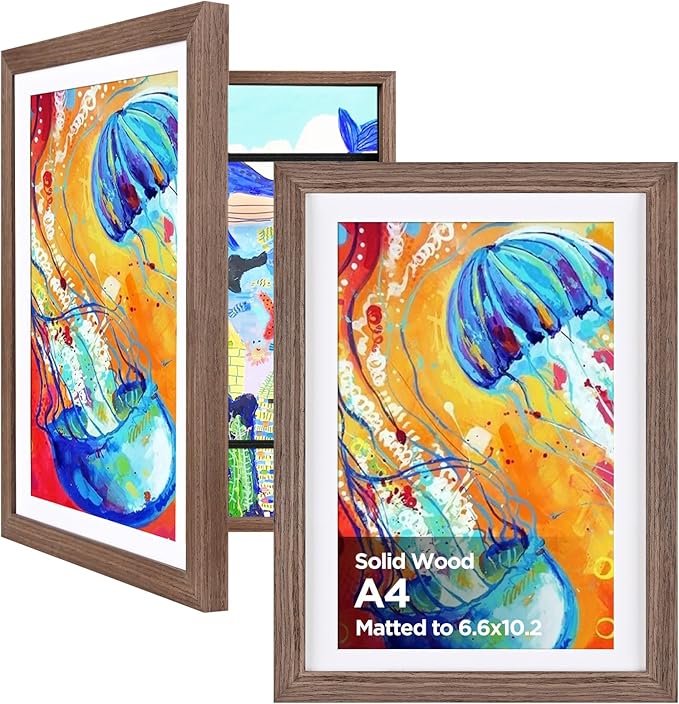 KINLINK A4 Kids Art Frames Set of 2, Solid Wood Kids Artwork Frames Changeable with Acrylic Front Opening Holds 150 Pictures 8.3x11.7, Art Frame for Kids Artwork with Mat or without Mat, Brown Wood