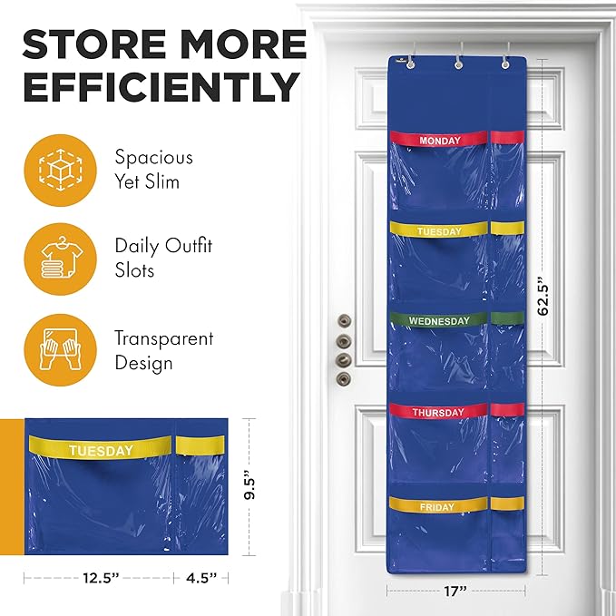 Over the Door Weekly Clothes Organizer - 5 Shelf Hanging Closet Storage with Day of the Week Labels - Weekly Clothes Organizer For Kids - Space-Saving Over Door or Wall Hanging Organizer (Blue)