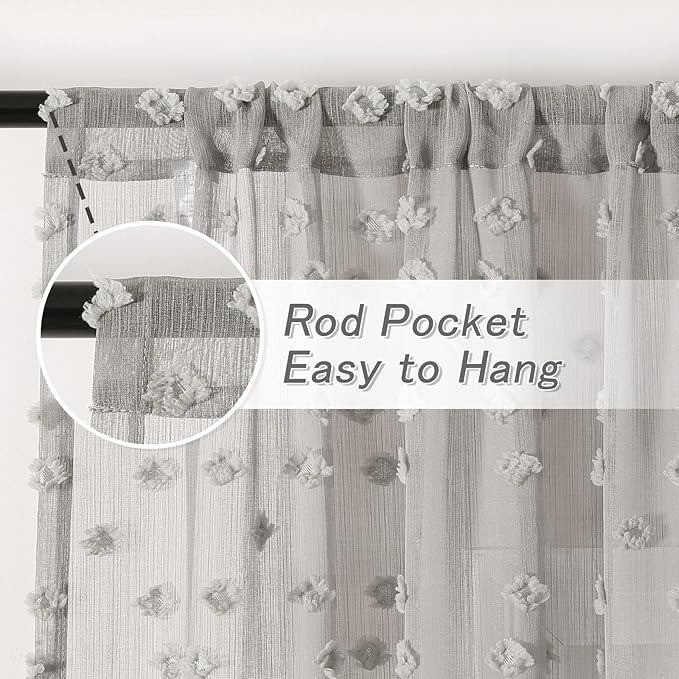 MYSKY HOME Pom Pom Grey Sheer Curtains for Bedroom Girls Room Curtains 120 Inches Long for Nursery Kids Light Filtering Boho Window Drapes, Rod Pocket, 38" Wide, 2 Panels