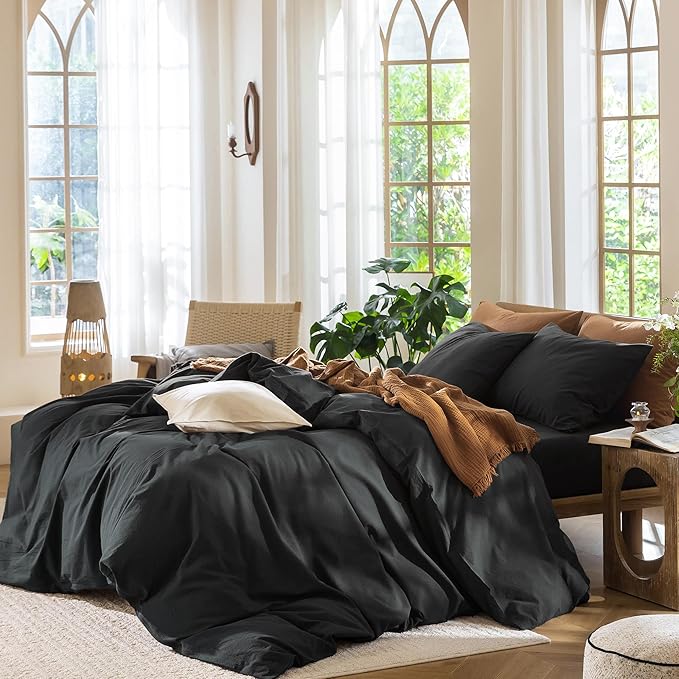 MooMee Bedding Duvet Cover Set 100% Washed Cotton Linen Like Textured Breathable Durable Soft Comfy (Solid Black, Oversized Queen 98"x98")