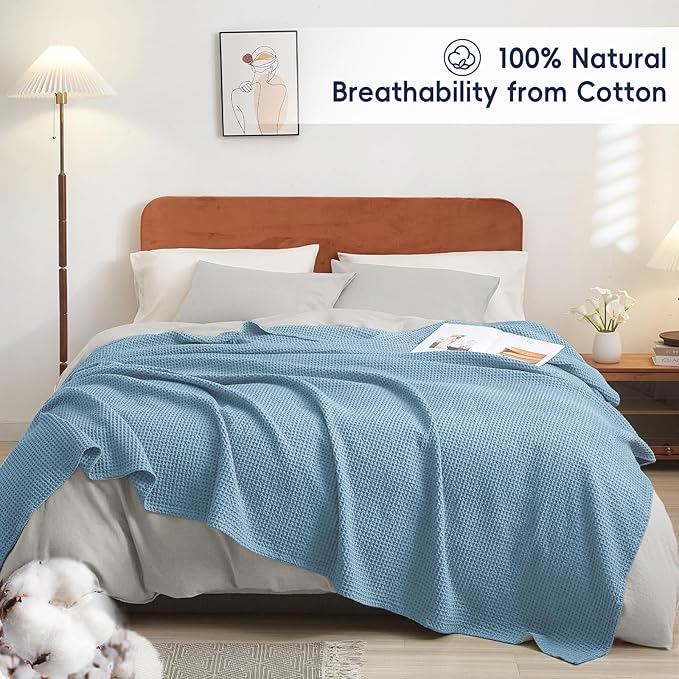 PHF Pre-Washed Cotton Waffle Weave Family Blanket,Oversized King Size 120"x 120"-Snag Proof Lightweight Breathable, 10'x 10' Huge Extra Large Big-Elegant Aesthetic Home Decoration Gift,Dusty Blue