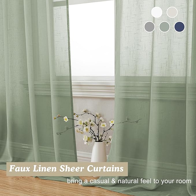 Aiyufeng Sage Green Sheer Curtains 72 inches Long 2 Panels, Fresh Textured Semi Sheer Green Curtains Linen Breathable Elegant Door Curtains & Drapes for Farmhouse/Living Room/Kitchen, 40Wx72L inch