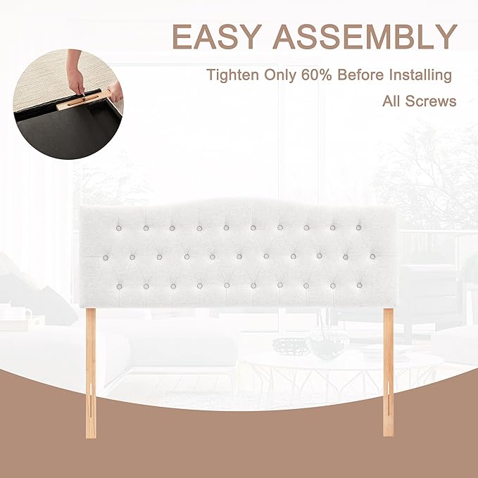 Tufted Upholstered Headboard King Size, Sturdy & Durable Solid Wood Bed headboard, Fabric Headboard Adjustable Height from 37” to 51”, Modern Button Diamond Design Head Board, White