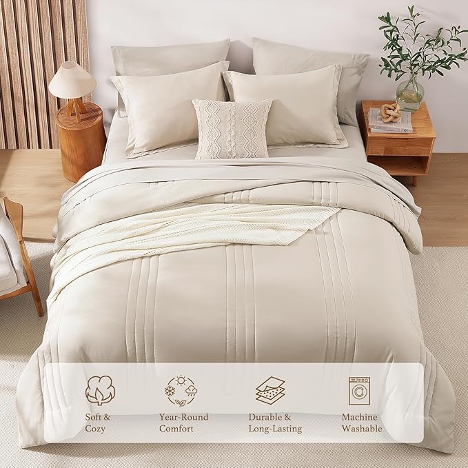 Monbix Full Size Comforter Set - 7 Pieces Beige Bed in a Bag Full Size Bedding Sets with Comforters, All Seasons Comforter with Sheets,Pillowcases & Shams