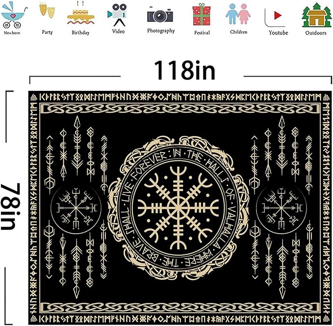 OSUNBD Nordic Vikings Tapestry Large 118x78inches Soft Flannel Vegvsir Symbol Amulet Celtic Rune Scandinavian Aesthetic Mythology Tapestry Wall Hanging for Bedroom Living Room Decor