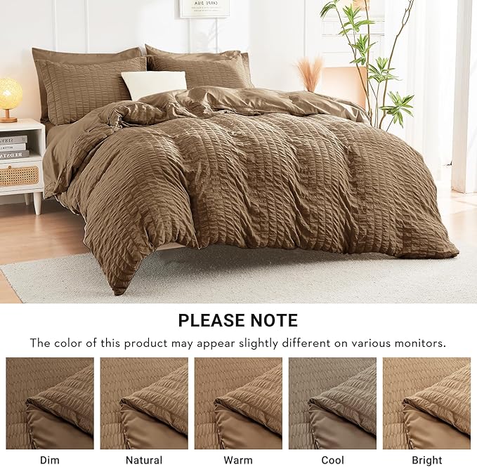 HYMOKEGE Brown California King Comforter Set Seersucker 7 Pieces, All Season Luxury Bed in a Bag for Bedroom, Bedding Set with Comforter, Sheets, Pillowcases & Shams