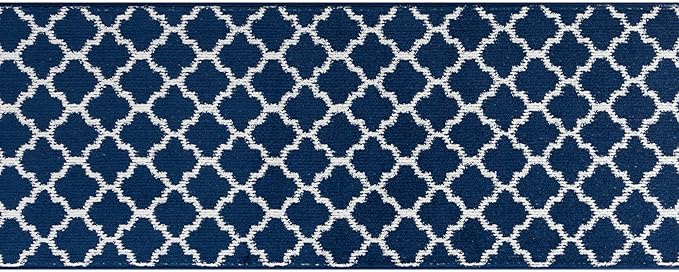 Custom Size Cut to Length Moroccan Trellis Design Runner Rug Mat For Wide Long Hallways with Non-Slip Rubber Backing, Better Traction for Pets, Prevent Slippage, Trellis Navy Blue, 31 inch X 12 feet