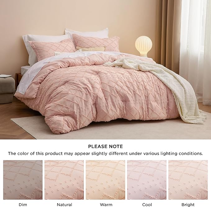Bedsure King Comforter Set - Coral Pink Comforter, Boho Tufted Shabby Chic Bedding for Kids, 3 Pieces Vintage Farmhouse Bed Set for All Seasons, Fluffy Soft Bedding with 2 Pillow Shams