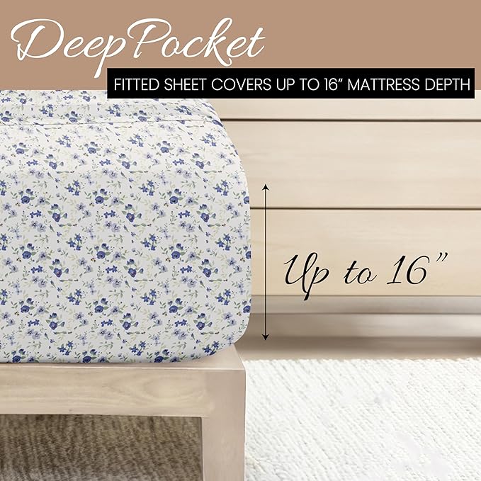 Linen Market Double-Brushed Patterned Microfiber California King Sheet Set 4 Piece – OEKO-TEX Certified Ultra Soft & Wrinkle-Free - 16" Deep Pocket Sheets Easy Care Cal-King Size - Blossoms Light Blue