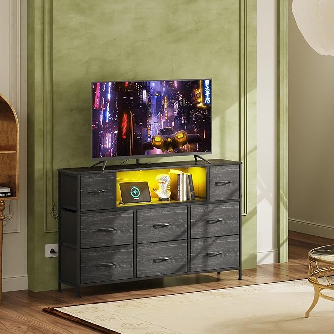 WLIVE Black TV Stand for 45, 50, 55 inch TV, Entertainment Center with LED Lights & Charging Station, TV Media Console Table with 8 Fabric Drawers and Open Shelves for Living Room, Hallway, Wood Top