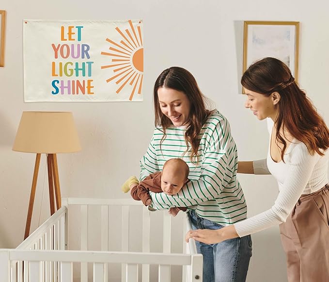 Nursery Rectangular Canvas Banner Flag Wall Sign Decor for Baby Boy Girl Kids-Nursery Baby Room Above Crib Bedroom Playroom Reading Room Decor-Baby Shower Birthday Christmas Gift-Let Your Light Shine