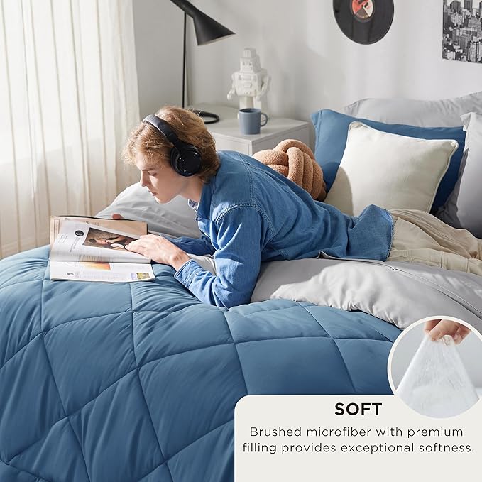 Bedsure Queen Comforter Set - 7 Pieces Reversible Slate Blue Bedding, Queen Size Bed Set for All Seasons, Bed in a Bag with Down Alternative Comforter, Sheets, Pillowcases & Shams
