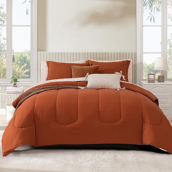 Monbix King Size Comforter Set - 7 Pieces Bed in a Bag King, Burnt Orange Track Stitching Bedding Sets, All Seasons Down Alternative Comforter Bed Set with Sheets