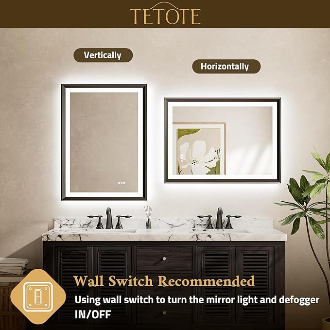 TETOTE 40x24 LED Bathroom Mirror with Lights Black Metal Framed Front & Back Light Vanity Mirror Baroque Gothic Antifog Stepless Dimmable White/Warm/Natural,CRI90+,Waterproof(Horizontal/Vertical)