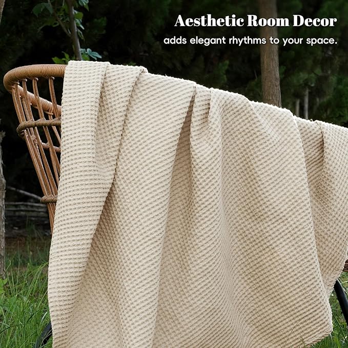 PHF 100% Cotton Waffle Weave Blanket Queen Size for Bed,Snag Proof Lightweight Breathable Moisture-Wicking Throw for Couch,Great for Layering in Cold Weather,Machine Washable, Home Decor Gift-Linen