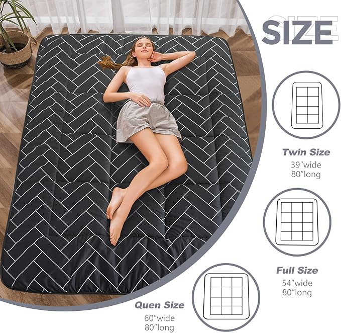 MAXYOYO Black Geometric Pattern Futon Mattress, Japanese Floor Mattress Quilted Bed Mattress Topper, Extra Thick Folding Sleeping Pad Breathable Floor Lounger Guest Bed for Camping Couch, Full