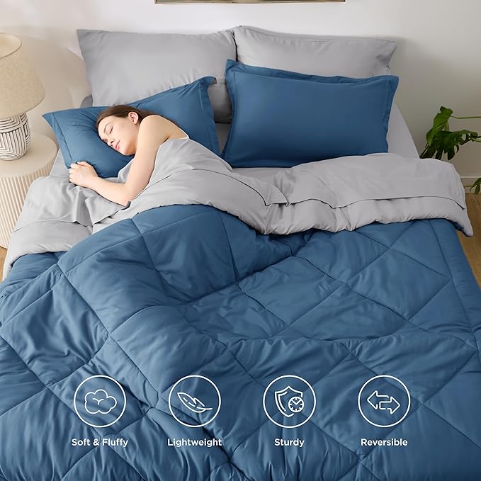 Bedsure Twin Comforter Set - 5 Pieces Reversible Slate Blue Bedding, Twin Size Bed Set for All Seasons, Bed in a Bag with Down Alternative Comforter, Sheets, Pillowcase & Sham