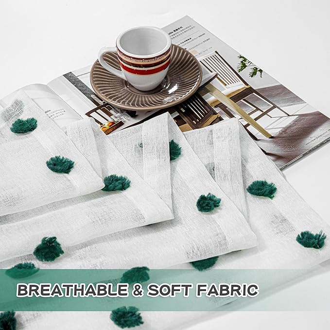 MYSKY HOME Short Christmas Curtains for Small Window - 45 Inch Long Kitchen & Bedroom Sheer Curtains - Hunter Green & White Pom Pom Panels - 2 Sets 52 x 45 Inch