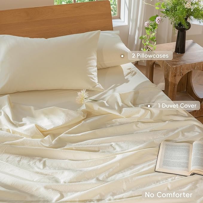 MooMee Bedding Duvet Cover Set 100% Washed Cotton Linen Like Textured Breathable Durable Soft Comfy (Solid Cream White, Full 80"x90")