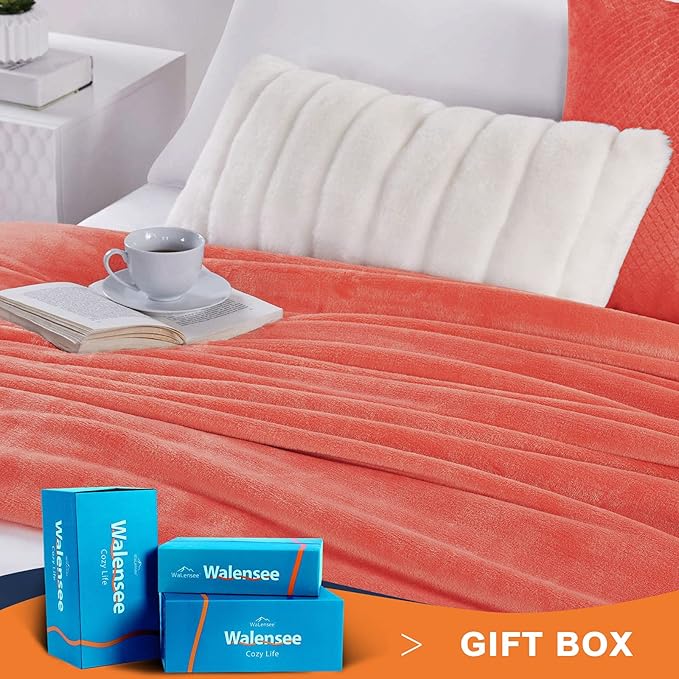Walensee Fleece Blanket Plush Throw Fuzzy Lightweight (Queen Size 90x90 Coral) Super Soft Microfiber Flannel Blankets for Couch, Bed, Sofa Ultra Luxurious Warm and Cozy for All Seasons