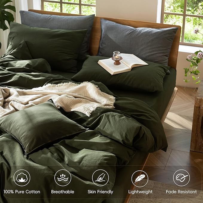 MooMee Bedding Duvet Cover Set 100% Washed Cotton Linen Like Textured Breathable Durable Soft Comfy (Solid Olive Green, Oversized Queen 98"x98")