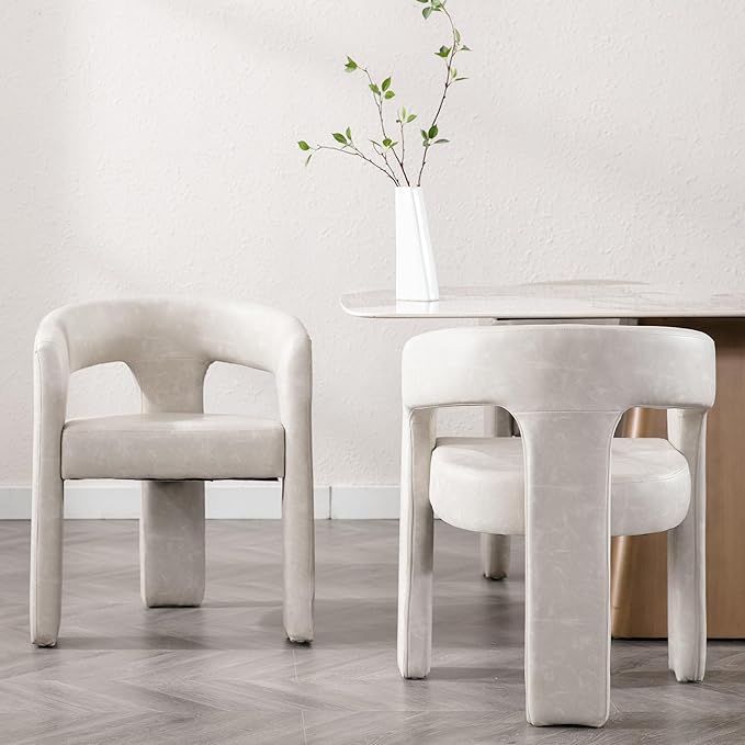 Modern Barrel Dining Chairs Set of 4, PU Leather Upholstered Accent Side Chair with Arms Comfy Makeup Vanity Chairs, Dining Living Room Kitchen Chairs, Grey
