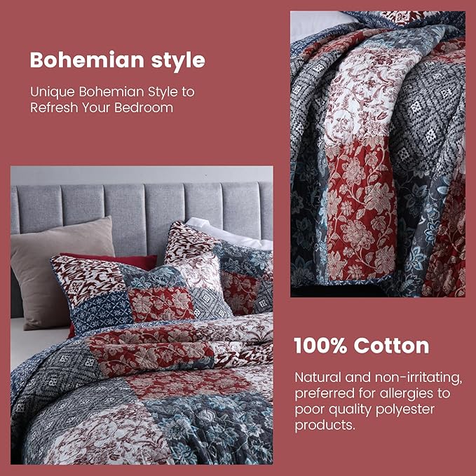 Secgo Queen Comforter Set for Bed - 100% Cotton Quilts Queen Size, Burgundy Bedspreads (90 * 98 Inch) with 2 Pillow Shams, Patchwork Reversible Lightweight Bedding