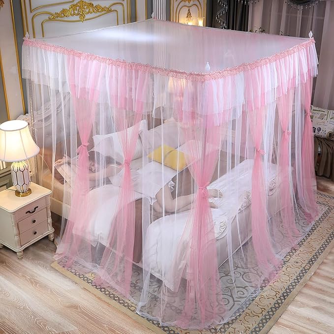 Joyreap Luxury 4 Corners Post Canopy Bed Curtains - Pink & White Cozy Drape Netting - Cute Princess Style Bedroom Decoration Accessories (86" W x 78" L, King)
