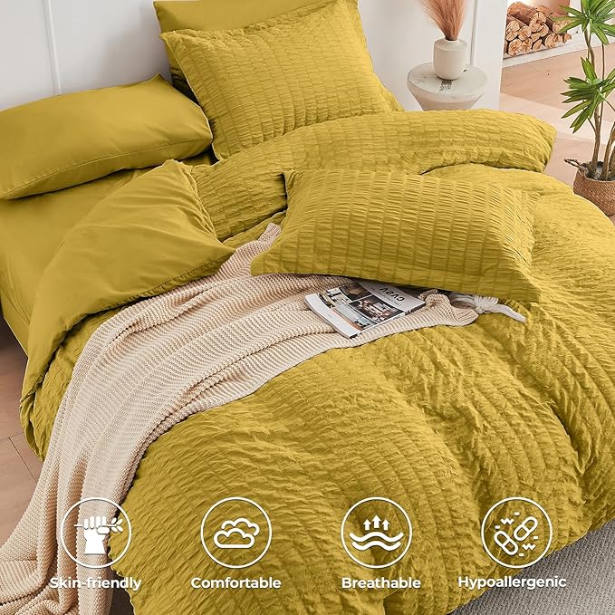 HYMOKEGE Mustard Yellow Full Size Comforter Sets Seersucker 7 Pieces, All Season Luxury Bed in a Bag for Bedroom, Bedding Set with Comforter, Sheets, Pillowcases & Shams