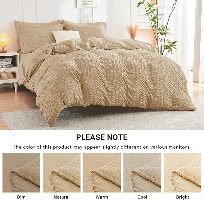 HYMOKEGE Khaki King Size Comforter Set Seersucker 7 Pieces, All Season Luxury Bed in a Bag for Bedroom, Bedding Set with Comforter, Sheets, Pillowcases & Shams