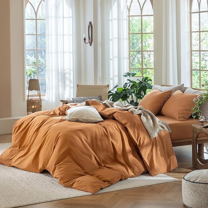 MooMee Bedding Duvet Cover Set 100% Washed Cotton Linen Like Textured Breathable Durable Soft Comfy (Solid Burnt Orange, King 104"x90")