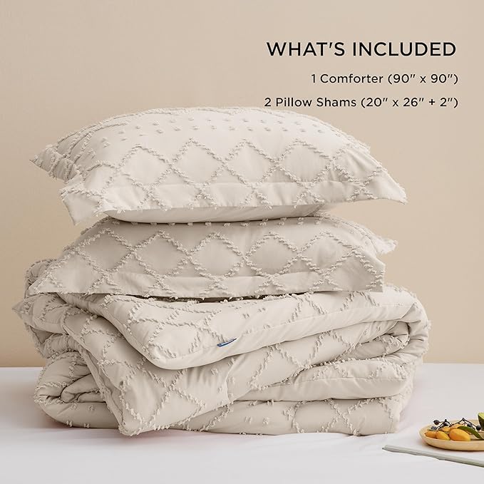 Bedsure Queen Comforter Set - Beige Comforter, Boho Tufted Shabby Chic Bedding for Kids, 3 Pieces Vintage Farmhouse Bed Set for All Seasons, Fluffy Soft Bedding with 2 Pillow Shams