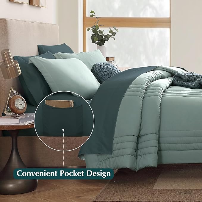 Monbix California King Size Comforter Set - 7 Pieces Bed in a Bag California King, Sage Green Bedding Sets, All Seasons Down Alternative Comforter Bed Set with Sheets, Pillowcases & Shams