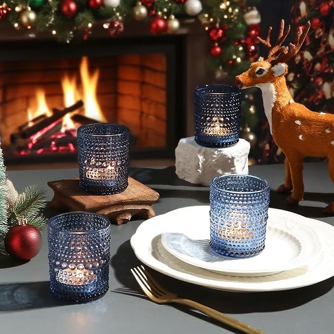 12 Pack Blue Votive Candles Holders - 2x2.5in Vintage Glass Votives Tealight Candle Holders for Table Centerpieces, Tea Light Candle Holder Decor for Wedding Bridal Shower Party