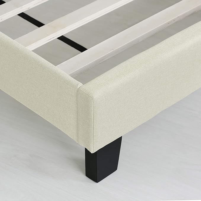 Furinno Laval Double Row Nail Head 12PC Slat Style Bed Frame, Twin, Linen