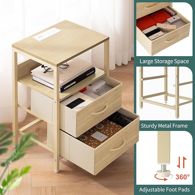 Yoobure Nightstand with Charging Station, LED Night Stand with Fabric Drawers and Storage Shelf for Bedroom, Nightstands Bedside Tables with USB Ports & Outlets, Small Night Stands, Bed Side Table