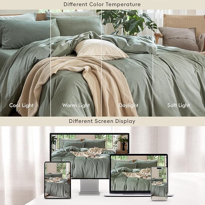 MooMee Bedding Duvet Cover Set 100% Washed Cotton Linen Like Textured Breathable Durable Soft Comfy (Heathered Green, Cal King 104"x98")