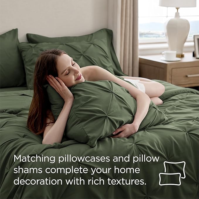 Bedsure Queen Comforter Set Olive Green - Bed in a Bag Queen Size Bedding 7 Pieces, GentleSoft™ Pintuck Bed Set Gift for Family, Pinch Pleat All Season Comforter with Sheets, Pillowcases & Shams