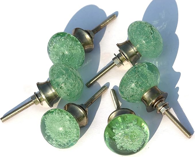 Handmade Bubble Glass Cabinet Knobs - Vintage Decorative, Trendy, Modern Design for Cabinets, Dressers & Furniture - Set of 6 (Green)