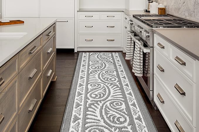 Custom Length Cut to Size Tribal Ethnic Southwestern Inspired Hallway Runner Rug, Non Slip Rubber Backed, 31 inch Wide X Customized Length, Mayan Grey, 31 inch X 7 feet