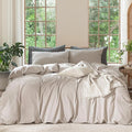 MooMee Bedding Duvet Cover Set 100% Washed Cotton Linen Like Textured Breathable Durable Soft Comfy (Solid Light Tan, Oversized Queen 98"x98")