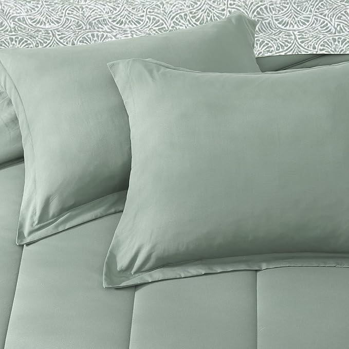 Monbix Queen Comforter Set - 7 Pieces Sage Green Bed in a Bag Queen Track Stitching Bedding Sets, All Seasons Down Alternative Comforter Bed Set with Sheets,Pillowcases & Shams